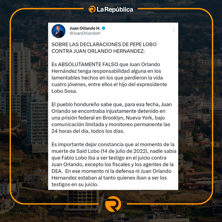 El expresidente y expresidiario Juan Orlando Hernández publicó en su cuenta de X que es “absolutamente falso” que tenga responsabilidad en l - Cover Image